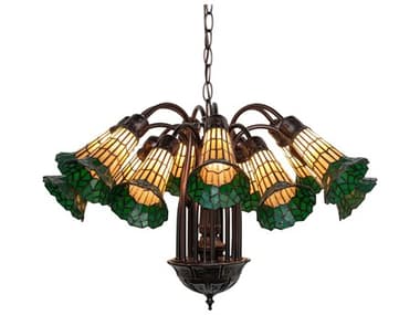 Meyda Stained Glass Pond Lily 24" Wide 12-Light Mahogany Bronze Bell Chandelier MY251604