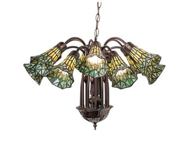 Meyda Stained Glass Pond Lily 24" Wide 12-Light Mahogany Bronze Bell Chandelier MY251606