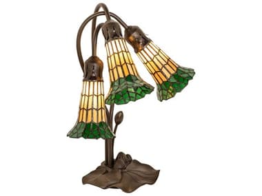 Meyda Stained Glass Pond Lily Mahogany Bronze Tiffany Table Lamp with Amber Green Shade MY251686