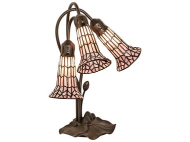 Meyda Stained Glass Pond Lily Mahogany Bronze Tiffany Table Lamp with Pink Shade MY251689