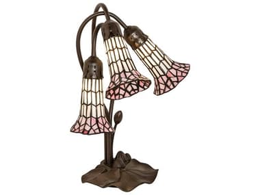 Meyda Stained Glass Pond Lily Mahogany Bronze Tiffany Table Lamp with Pink White Shade MY251690