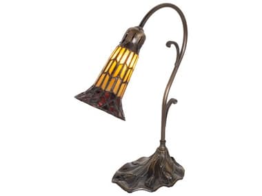 Meyda Pond Lily Antique Brass Tiffany Table Lamp with Amber Glass Ruby Shade MY251849