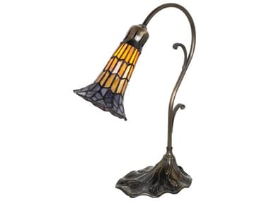 Meyda Pond Lily Antique Brass Tiffany Table Lamp with Amber Glass Violet Shade MY251850