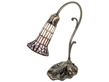 Meyda Pond Lily Antique Brass Tiffany Table Lamp with Amber Glass Pink Shade MY251852