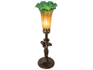 Meyda Pond Lily Mahogany Bronze Table Lamp with Amber Glass Green Shade MY253516