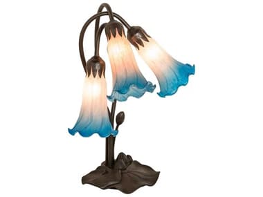 Meyda Pond Lily Mahogany Bronze Tiffany Table Lamp with Pink Blue Glass Shade MY254157