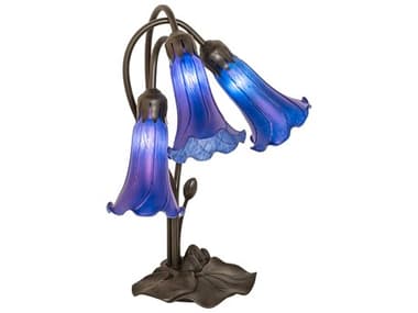 Meyda Pond Lily Mahogany Bronze Tiffany Table Lamp with Blue Glass Shade MY254291