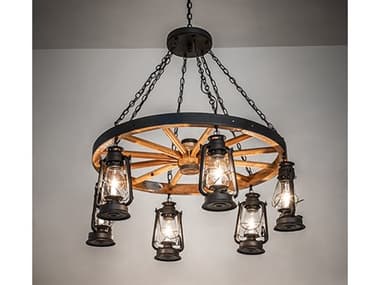 Meyda 40" Wide 6-Light Natural Wood Wrought Iron Glass Lantern Chandelier MY254513