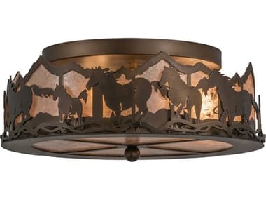 Meyda Running Horses 16" 3-Light Antique Copper Glass LED Drum Flush Mount MY254703