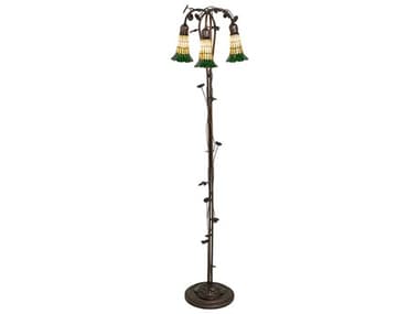 Meyda Stained Glass Pond Lily 58" Tall Mahogany Bronze Tiffany Floor Lamp with Amber Green Shade MY255134