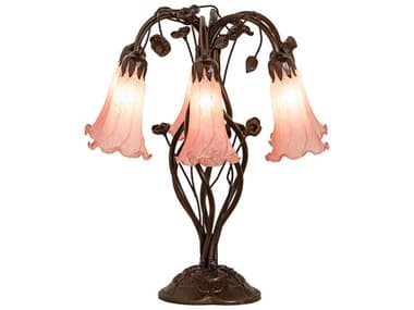 Meyda Pond Lily Mahogany Bronze Tiffany Table Lamp with Pink Glass Shade MY255804