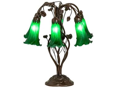Meyda Pond Lily Mahogany Bronze Tiffany Table Lamp with Green Glass Shade MY255806