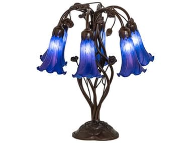 Meyda Pond Lily Mahogany Bronze Tiffany Table Lamp with Blue Glass Shade MY255808