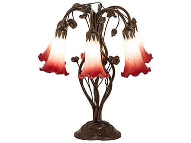 Meyda Pond Lily Mahogany Bronze Tiffany Table Lamp with Red White Glass Shade MY255809