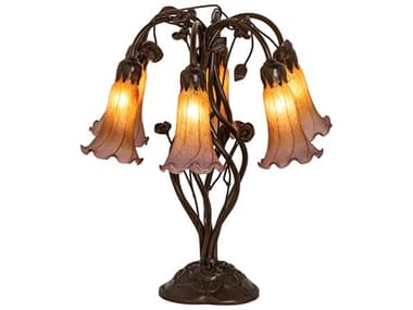 Meyda Pond Lily Mahogany Bronze Tiffany Table Lamp with Amber Purple Glass Shade MY255810