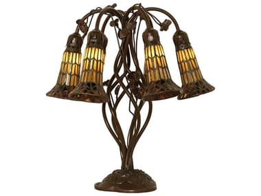 Meyda Stained Glass Pond Lily Mahogany Bronze Amber Tiffany Table Lamp with Shade MY255815