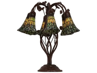 Meyda Stained Glass Pond Lily Mahogany Bronze Green Tiffany Table Lamp with Shade MY255817