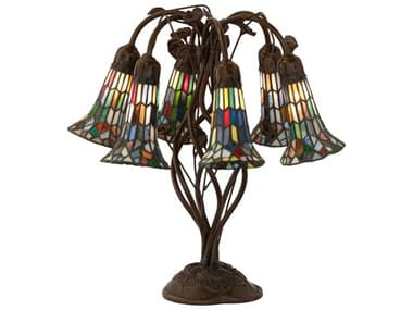 Meyda Stained Glass Pond Lily Mahogany Bronze Ruby Green Blue Beige Tiffany Table Lamp with Multi Color Shade MY255819