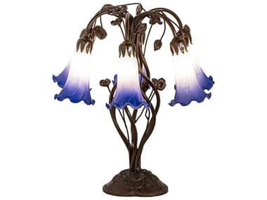 Meyda Pond Lily Mahogany Bronze Tiffany Table Lamp with Blue White Glass Shade MY255820