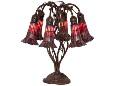 Meyda Stained Glass Pond Lily Mahogany Bronze Ruby Tiffany Table Lamp with Red Shade MY258952