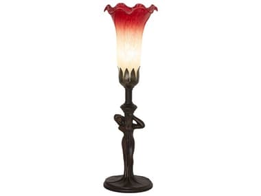 Meyda Pond Lily Mahogany Bronze Ruby Green Glass Table Lamp with Red Seafoam Shade MY259384