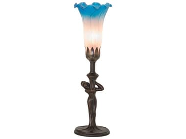 Meyda Pond Lily Mahogany Bronze Pink Blue Glass Table Lamp with Shade MY259390