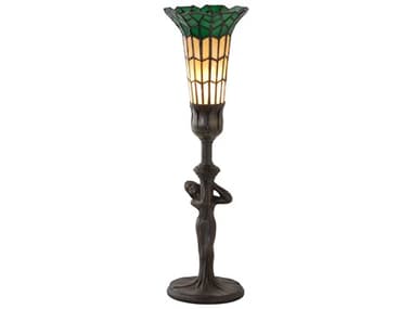 Meyda Stained Glass Pond Lily Mahogany Bronze Green Amber Tiffany Table Lamp with Shade MY259394