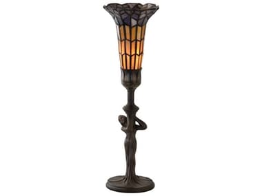 Meyda Stained Glass Pond Lily Mahogany Bronze Violet Amber Tiffany Table Lamp with Shade MY259395