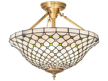 Meyda Diamond & Jewel 18" 4-Light Brushed Brass Glass Tiffany Bowl Semi Flush Mount MY259874