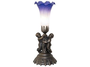 Meyda Pond Lily Antique Brass Blue Glass Table Lamp with White Shade MY260438
