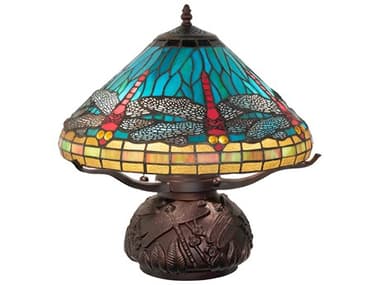 Meyda Tiffany Dragonfly Mahogany Bronze Ruby Sunflower Green Glass Table Lamp with Shade MY261259