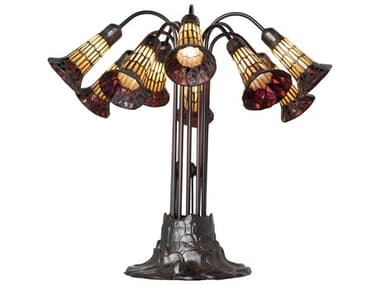 Meyda Stained Glass Pond Lily 10 - Light Mahogany Bronze Tiffany Table Lamp with Ruby Shade MY261667