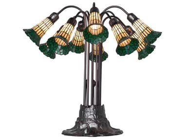 Meyda Stained Glass Pond Lily 10 - Light Mahogany Bronze Tiffany Table Lamp with Green Shade MY261668
