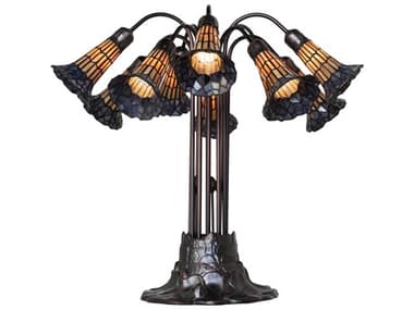 Meyda Stained Glass Pond Lily 10 - Light Mahogany Bronze Amber Violet Tiffany Table Lamp with Shade MY261669