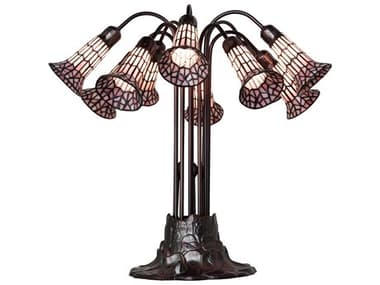 Meyda Stained Glass Pond Lily 10 - Light Mahogany Bronze Pink Tiffany Table Lamp with Shade MY261671