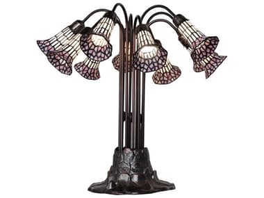 Meyda Stained Glass Pond Lily 10 - Light Mahogany Bronze Pink White Tiffany Table Lamp with Shade MY261672