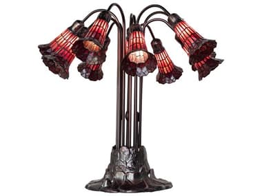 Meyda Stained Glass Pond Lily 10 - Light Mahogany Bronze Ruby Tiffany Table Lamp with Shade MY261673