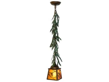 Meyda Pine Branch 7" 1-Light Antique Copper Glass Lantern Mini Pendant MY261863
