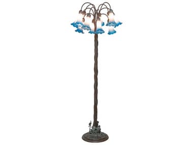 Meyda Pond Lily 61" Tall Bronze Blue Glass Floor Lamp with Pink Shade MY262119