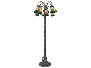 Meyda Stained Glass Pond Lily 61" Tall Bronze Green Amber Tiffany Floor Lamp with Shade MY262124
