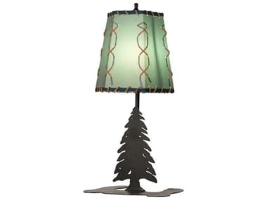 Meyda Tall Pines Textured Black Green Faux Leather Glass Table Lamp MY263175