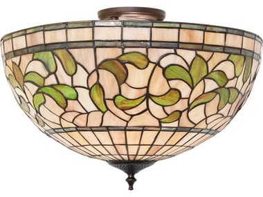 Meyda Tiffany Turning Leaf 20" 3-Light Mahogany Bronze Glass Bowl Semi Flush Mount MY264513