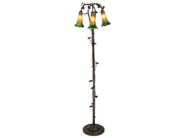 Meyda Pond Lily 58" Tall Mahogany Bronze Tiffany Floor Lamp with Amber Green Glass Shade MY36973