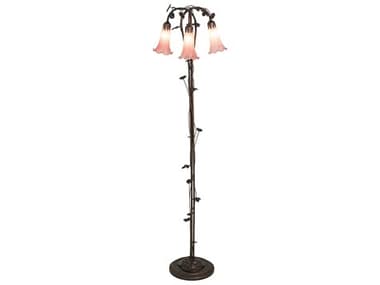 Meyda Pond Lily 58&quot; Tall Mahogany Bronze Tiffany Floor Lamp with Pink Glass Shade MY38444