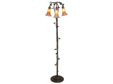 Meyda Pond Lily 58" Tall Mahogany Bronze Tiffany Floor Lamp with Amber Purple Glass Shade MY38635