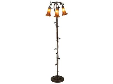 Meyda Pond Lily 58" Tall Mahogany Bronze Tiffany Floor Lamp with Amber Glass Shade MY71881