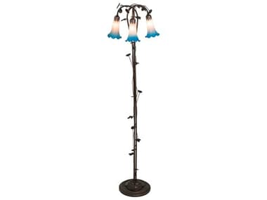 Meyda Pond Lily 58&quot; Tall Mahogany Bronze Tiffany Floor Lamp with Pink Blue Glass Shade MY71882