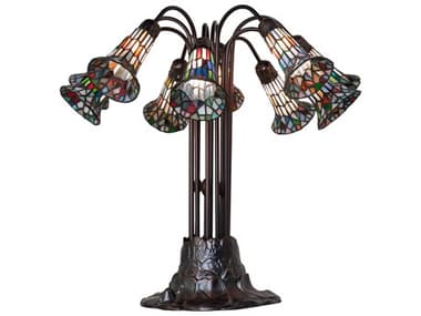 Meyda Stained Glass Pond Lily 10 - Light Mahogany Bronze Blue White Red Pink Purple Tiffany Table Lamp with Shade MY78108