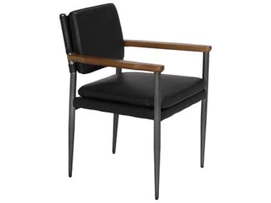 Noir Wooster Walnut Wood Black Leather Arm Dining Chair NOILEAC0115C