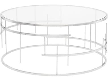 Nuevo Tiffany 36" Round Tempered Glass Polished Silver Coffee Table NUEHGDE217